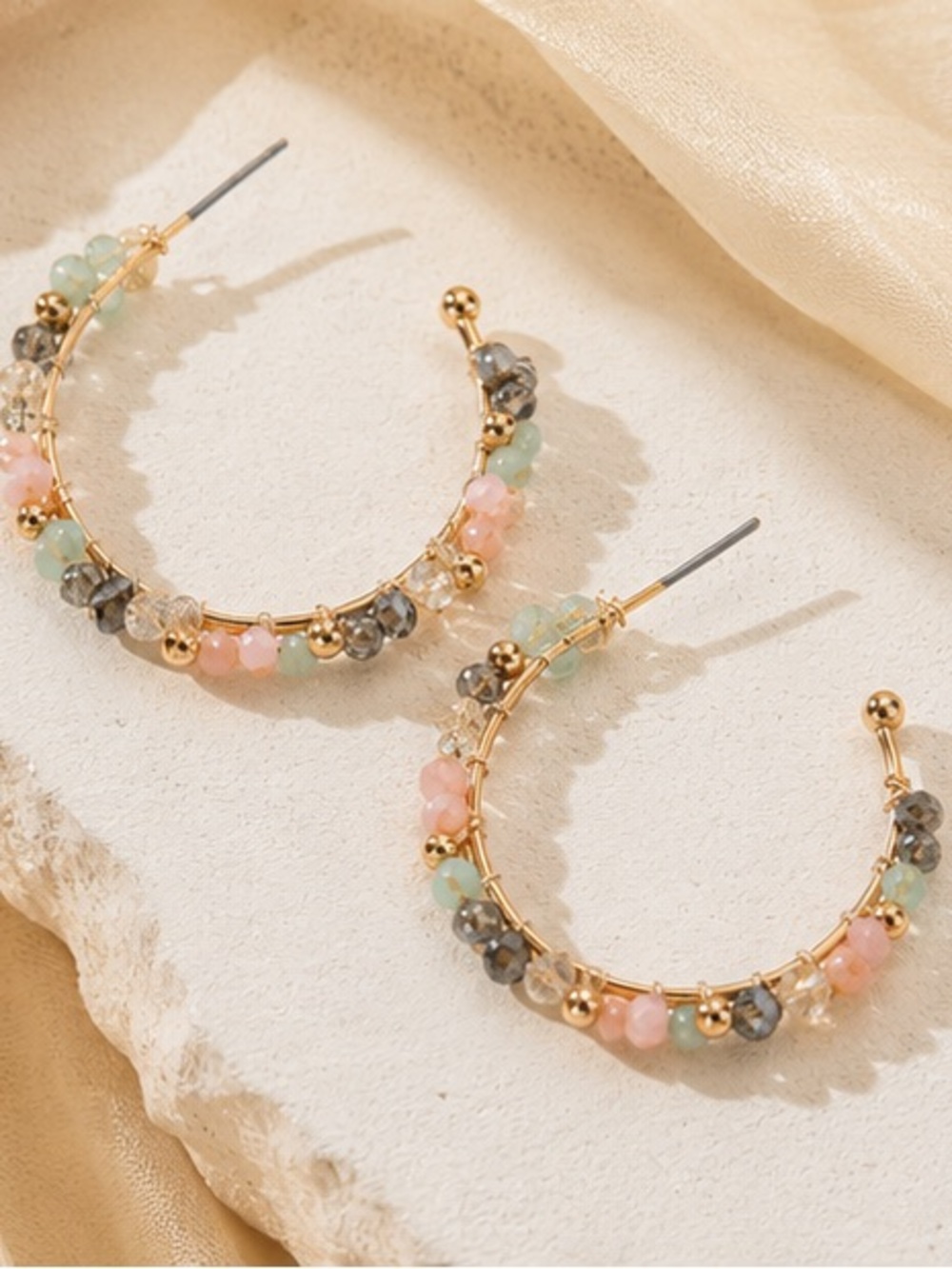 Boho Pastel Beaded Hoop Earrings Gold Tone Statement Hoops